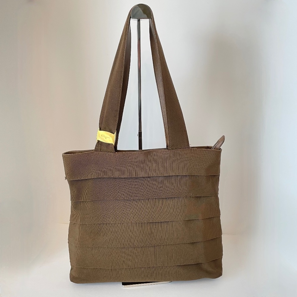 Salvatore Ferragamo Tiered Grosgrain Ribbon /Leather Brown Tote